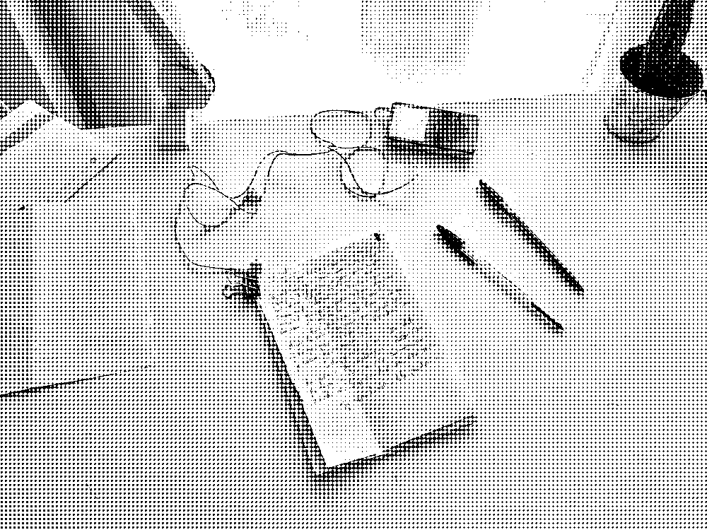 A view of my desk, with a stack of paper, a ballpoint pen and a small plan in a pot